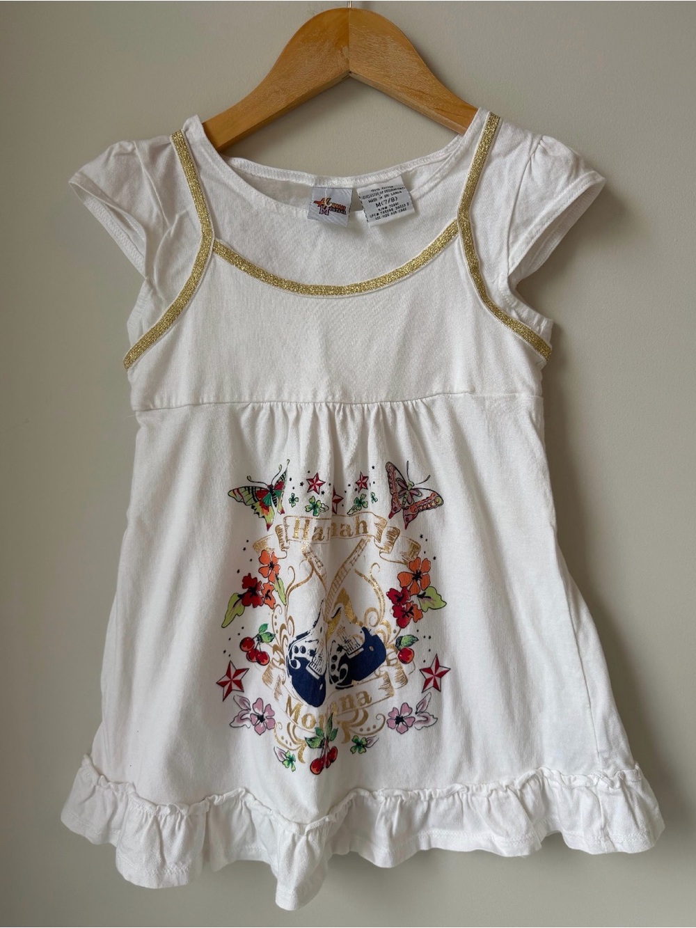 Vintage Y2K Hannah Montana White Graphic Ruffle-Hem Tee with Gold Trim Size 7/8